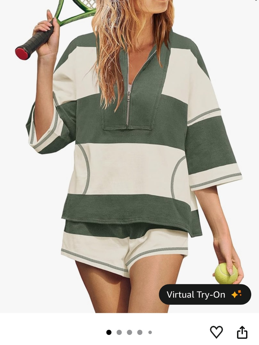 Striped Pullover & Short Set in Olive Green and Cream